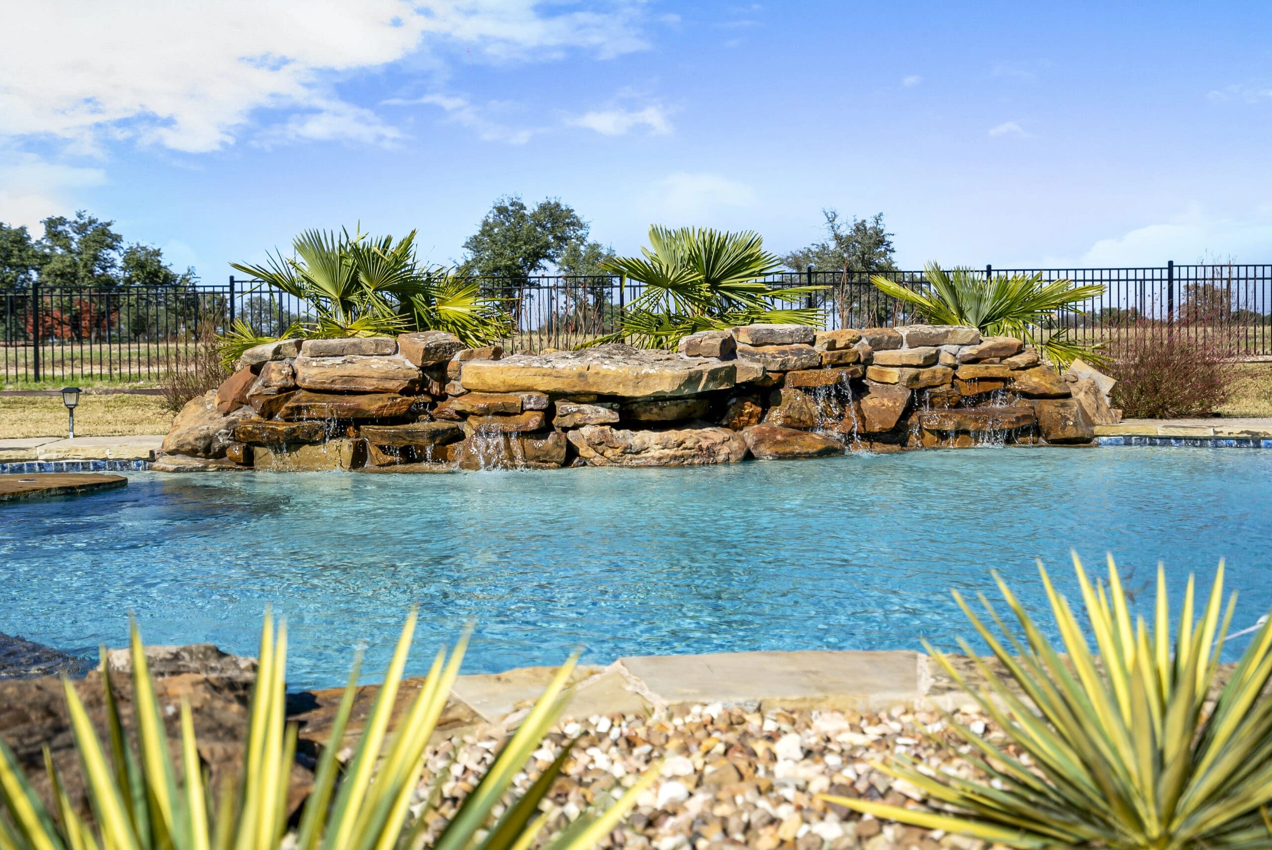 Freeform pool with natural rock grotto waterfall, palm trees, and tropical landscaping