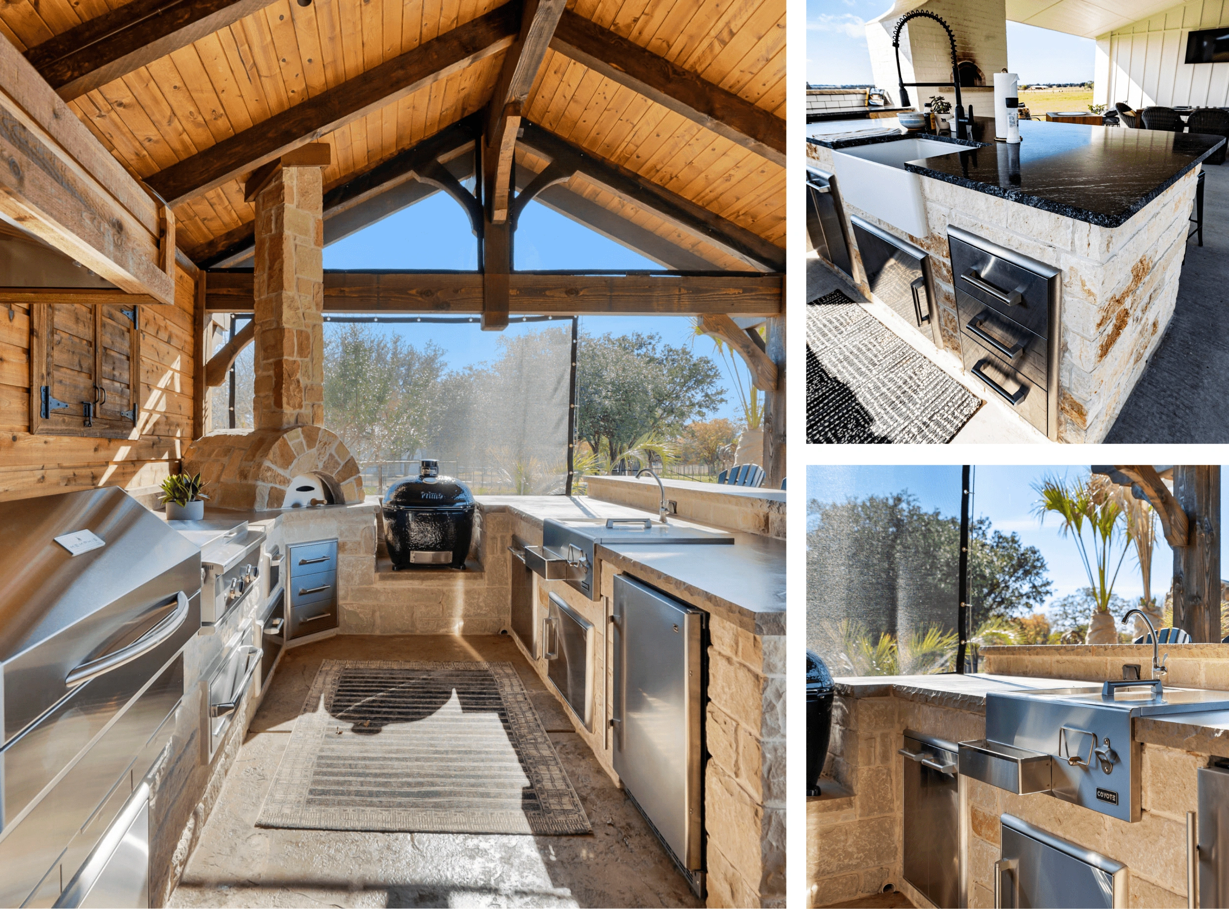 Luxury outdoor kitchen with wood-beam pavilion, stainless steel appliances, stone pizza oven, and granite countertops
